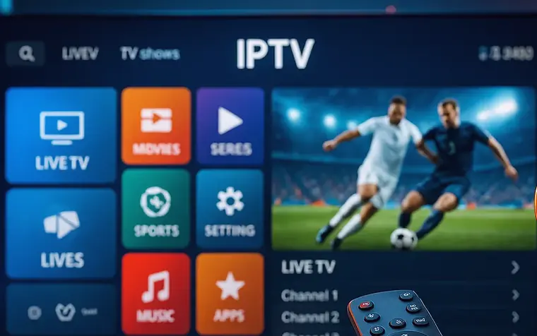 Application IPTV ouverte sur un téléviseur : le menu à gauche, un match en cours à droite