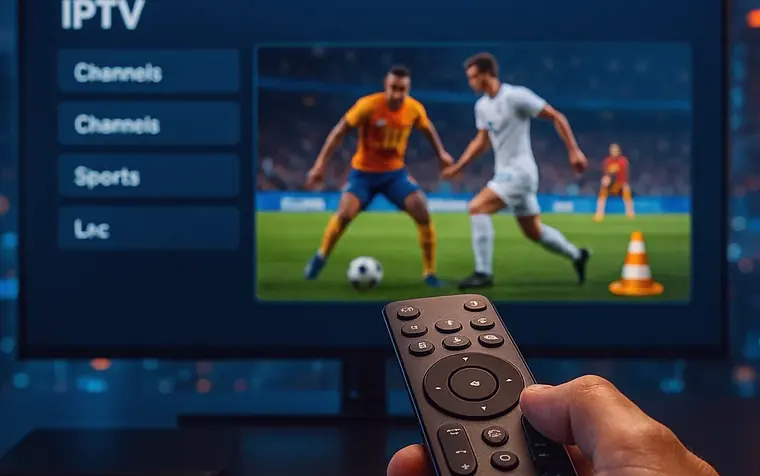 Guide des chaînes d'une application IPTV sur un téléviseur, télécommande en main